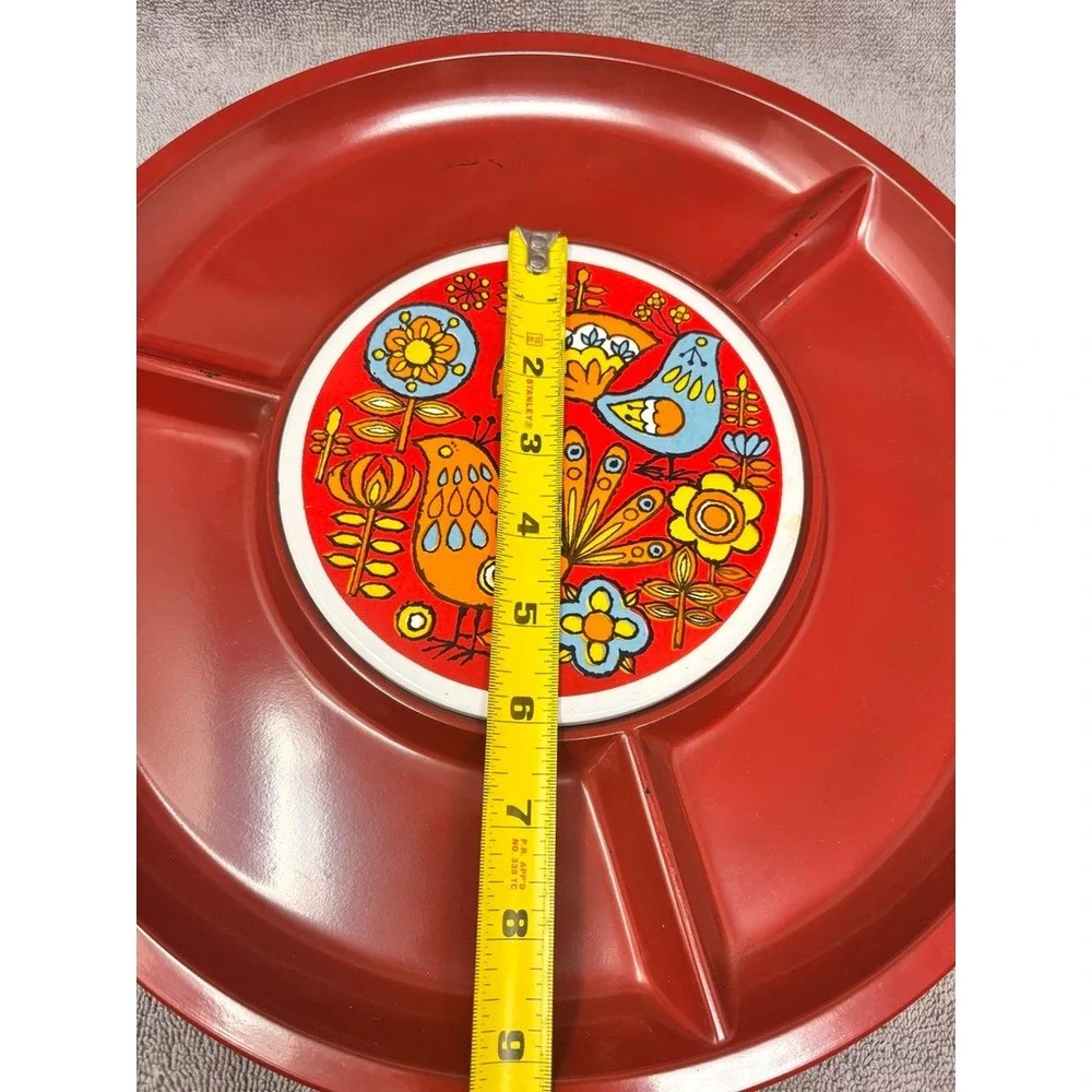 Vtg 1970s Red Melamine Divided Serving Tray Bird Floral Snack Relish Platter 13